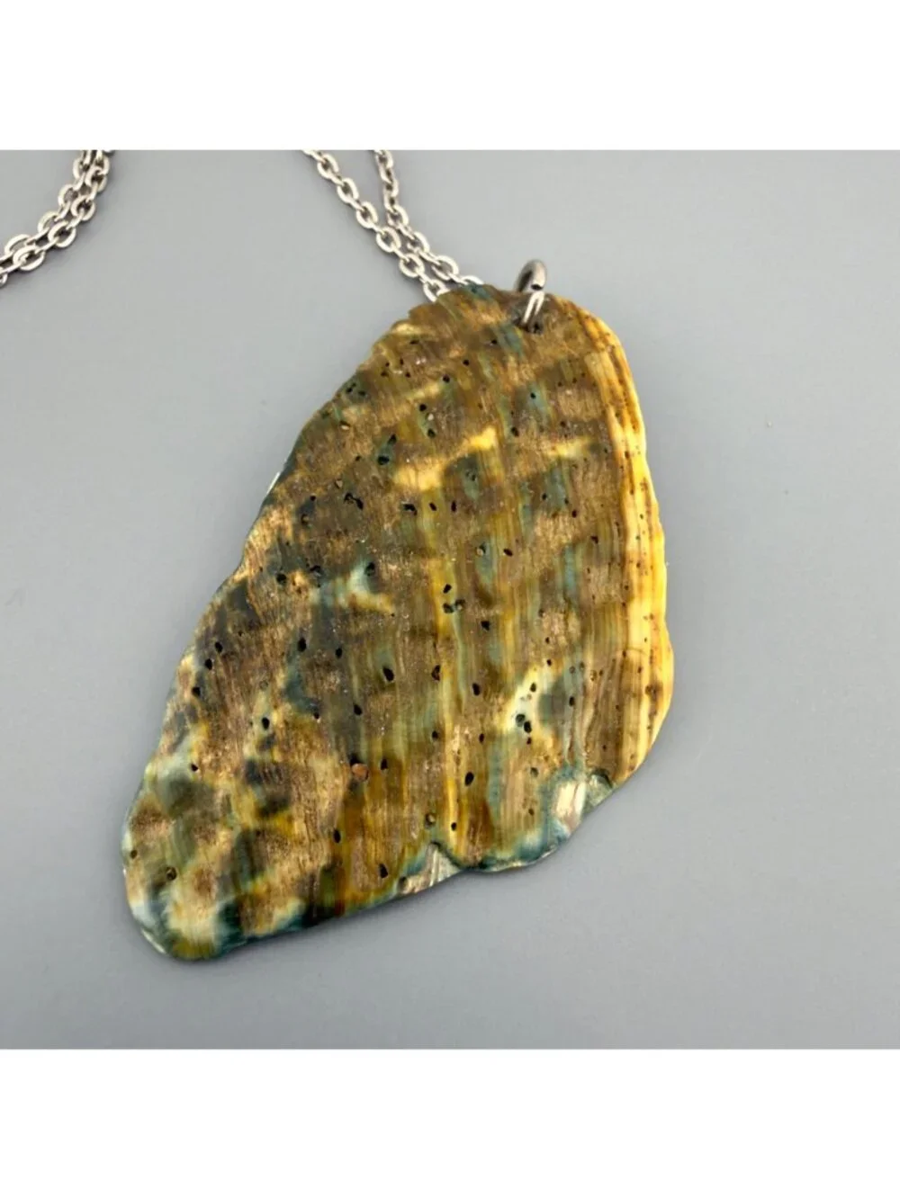 Natural Abalone Shell Pendant Necklace Silver Tone Chain Iridescent 24